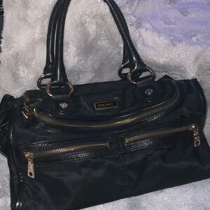 DKNY Black Satchel with Gold Zippers